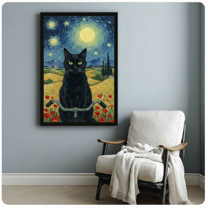 Black cat with green eyes on a bicycle framed art print in Van Gogh swirling sky style, hung on a blue-gray wall beside a linen accent chair