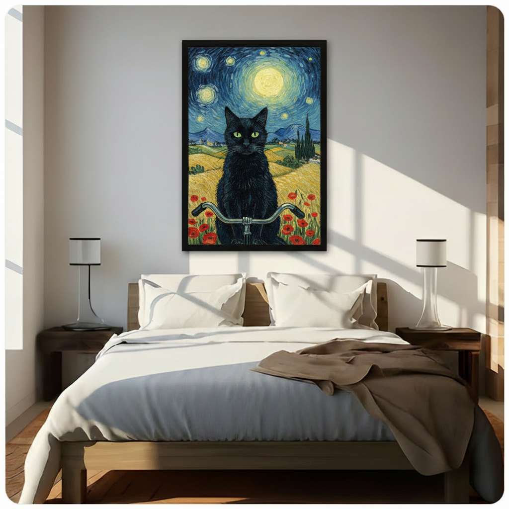 Van Gogh inspired black cat on bike wall art above a wooden bed with white linen bedding, flanked by minimalist table lamps in a sunlit neutral bedroom