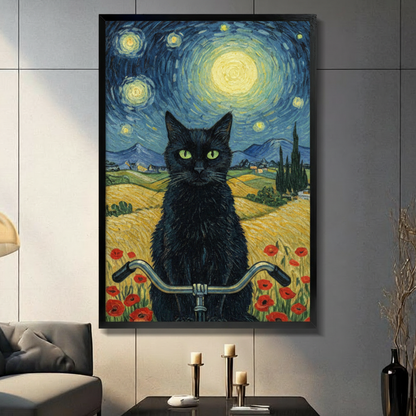 Van Gogh style black cat on bicycle framed wall art print with starry night sky and poppy field, displayed in a modern dark living room
