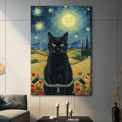 Impressionist black cat cycling through a wheat field canvas wall art, gallery wrap, Van Gogh starry night inspired, dark contemporary living room