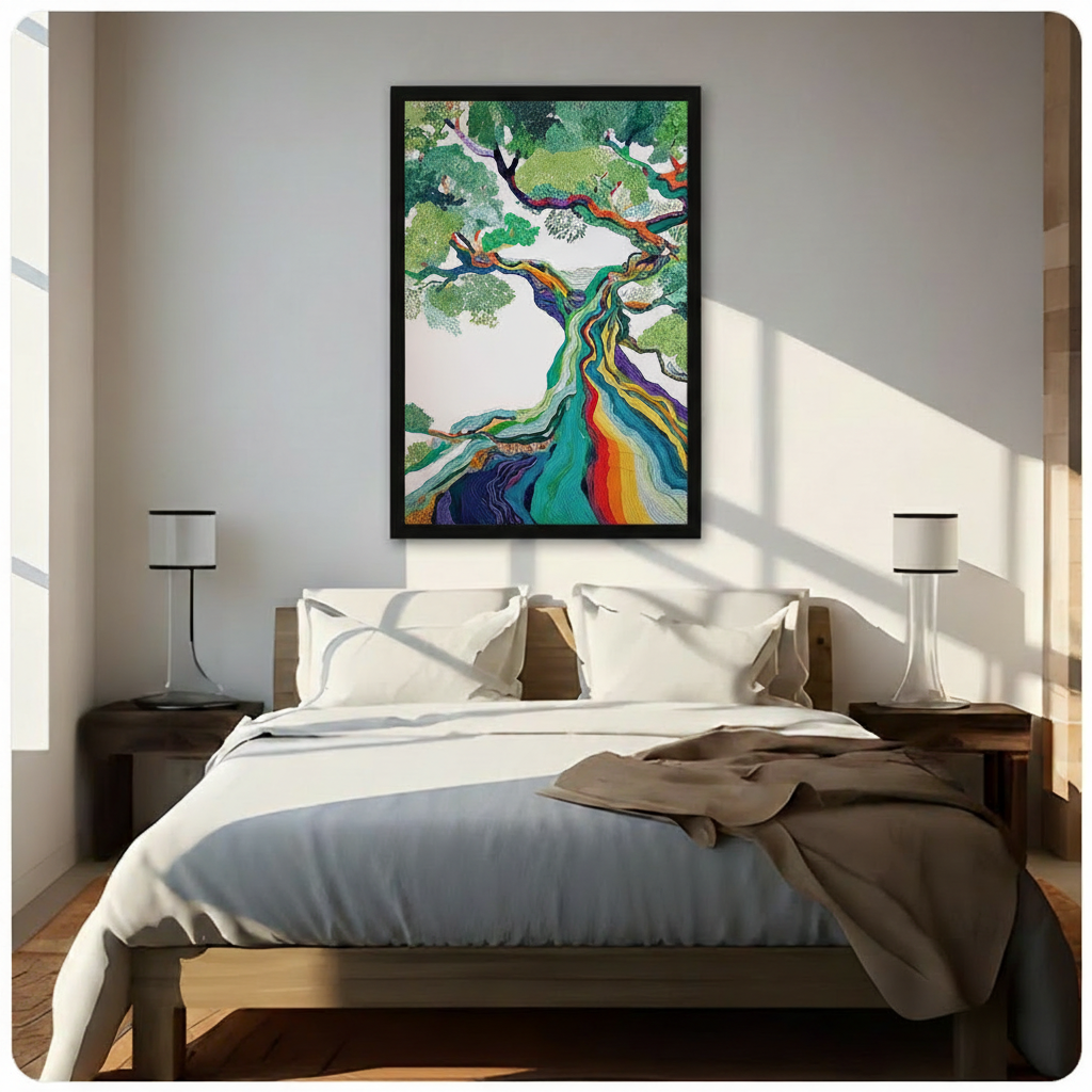 Vibrant abstract tree painting in black frame displayed above bed in bright minimalist bedroom