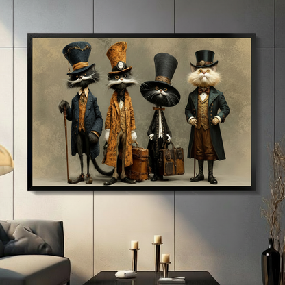 Victorian steampunk cats in top hats framed canvas wall art displayed in modern living room with grey sofa

