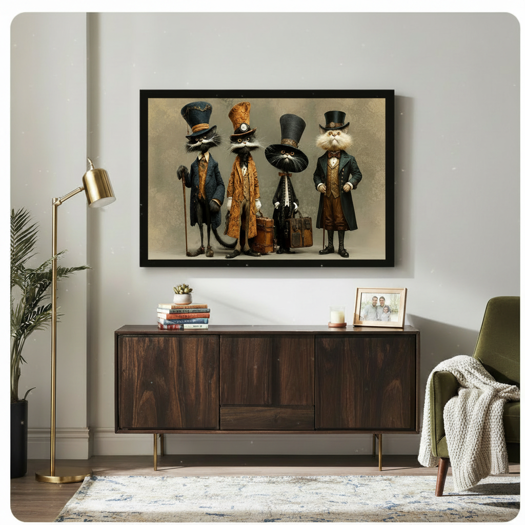 Victorian cats in top hats framed canvas wall art above wooden sideboard in warm-toned living room with green armchair