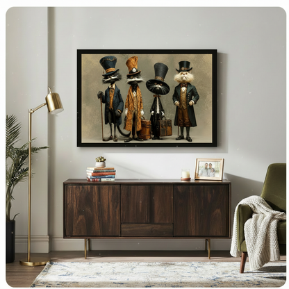 Victorian cats in top hats framed canvas wall art above wooden sideboard in warm-toned living room with green armchair