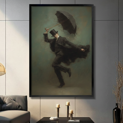 Dark academia Victorian gentleman in top hat caught in wind with umbrella framed canvas wall art in modern living room with gray panel wall