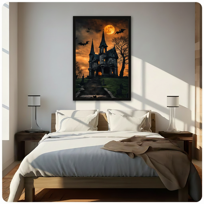 Dark gothic mansion framed wall art with full moon and black cat silhouette, displayed above a modern bed with white linen bedding, wooden nightstands, and minimal table lamps