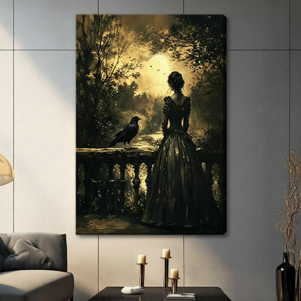 Gallery wrap stretched canvas of a mysterious Victorian woman in a dramatic black ruffled gown seen from behind standing at a stone garden railing beside a watchful black raven with a luminous moonlit forest canopy overhead and shimmering water reflections below gothic dark academia oil painting in rich black and burnished gold tones hung frameless on a gray paneled wall above a dark sofa with metal candlesticks