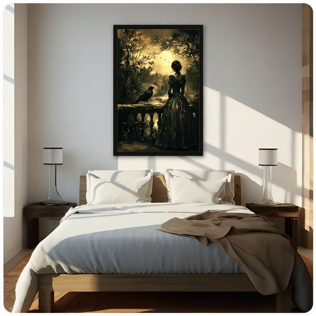 Black framed moody gothic Victorian canvas wall art of an elegant woman in a sweeping black lace gown standing back-to-viewer beside a stone garden balustrade with a black raven perched on the railing luminous moonlight breaking through a dense dark tree canopy with shimmering water below and bats in the golden sky rich black and antique gold oil painting hung in bright diagonal sunlight above a dark wood bed with white linen bedding and matching slim black bedside lamps