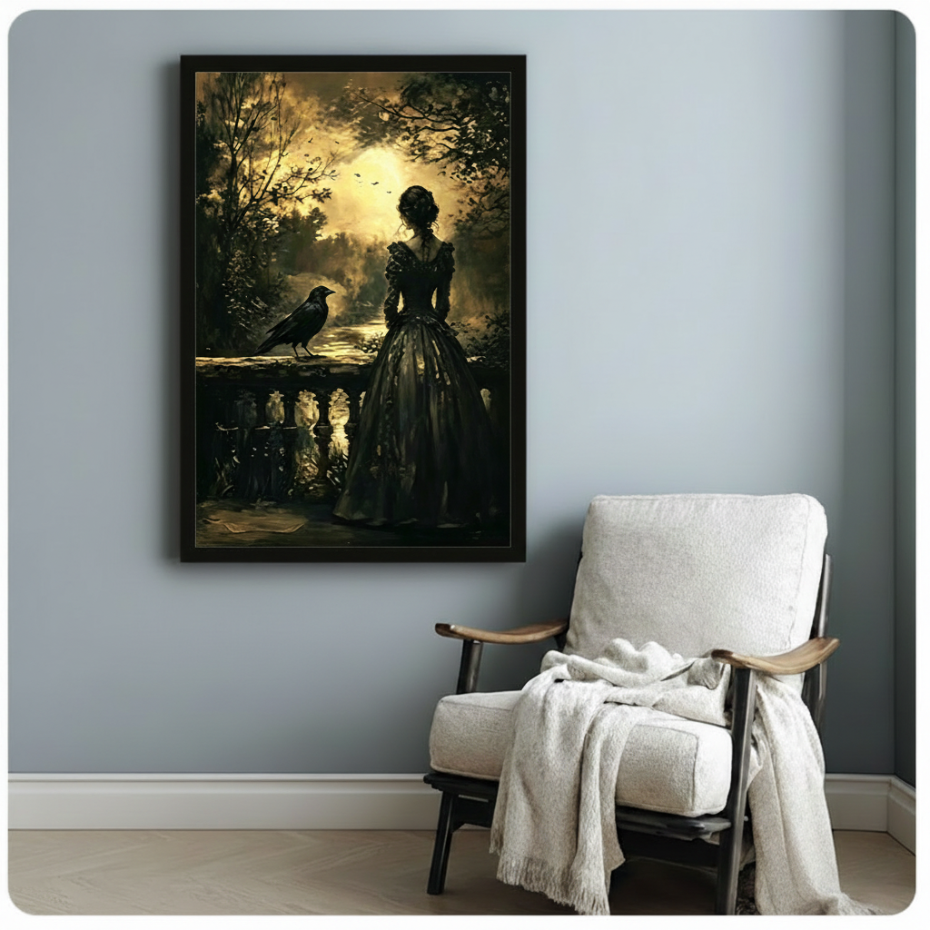 Black framed atmospheric gothic oil painting of a Victorian woman with an elegant upswept hairstyle in a full black lace skirt standing at a stone balustrade with a black raven at her side moonlight glowing through an arched canopy of dark trees with distant water reflections and bats in the sky moody dark academia canvas print hung on a blue-gray wall beside a white upholstered wood lounge chair with cream throw