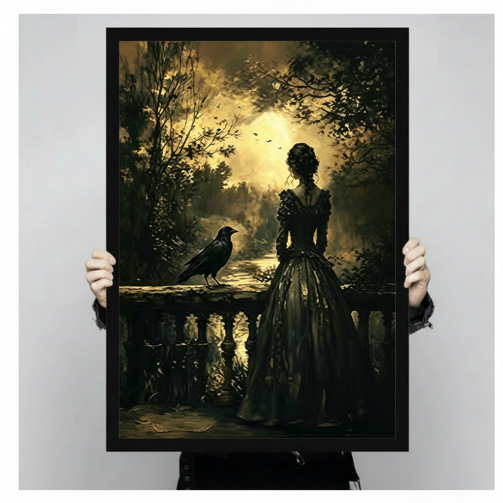 Two hands in black jacket sleeves holding a large black framed gothic Victorian oil painting of a woman in a black ball gown standing back-to-viewer at a stone railing with a black raven perched beside her glowing moonlight filtering through dark forest trees with water reflections and bat silhouettes dark academia canvas art print, front-facing vertical product size display