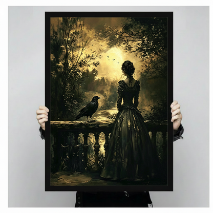 Two hands in black jacket sleeves holding a large black framed gothic Victorian oil painting of a woman in a black ball gown standing back-to-viewer at a stone railing with a black raven perched beside her glowing moonlight filtering through dark forest trees with water reflections and bat silhouettes dark academia canvas art print, front-facing vertical product size display