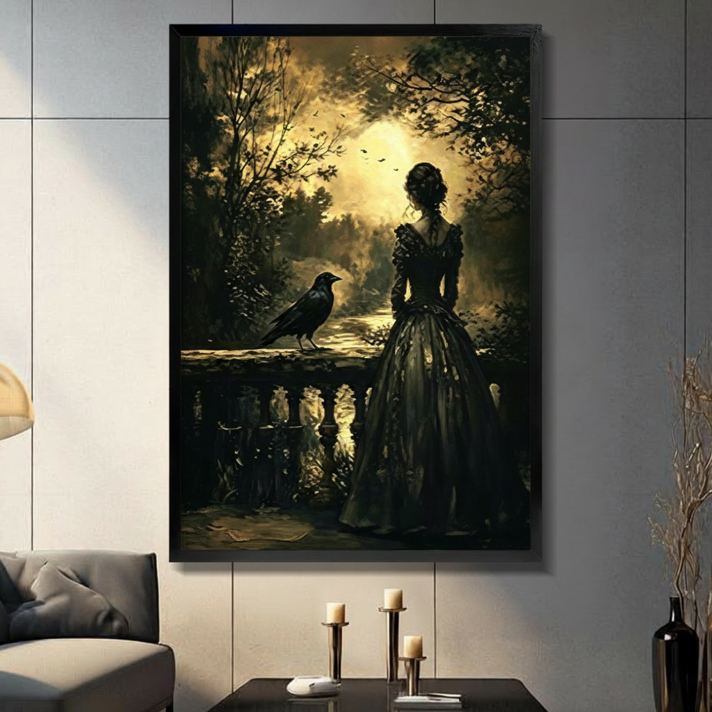 Black framed gothic Victorian oil painting of an elegant woman in a black lace ball gown standing back-to-viewer beside a stone balustrade with a black raven perched on the railing to her left glowing moonlight breaking through dense dark trees reflecting on a distant water surface with bat silhouettes in the sky deep black and antique gold tones dark academia canvas wall art displayed in a modern gray paneled living room with dark sofa and pillar candlesticks