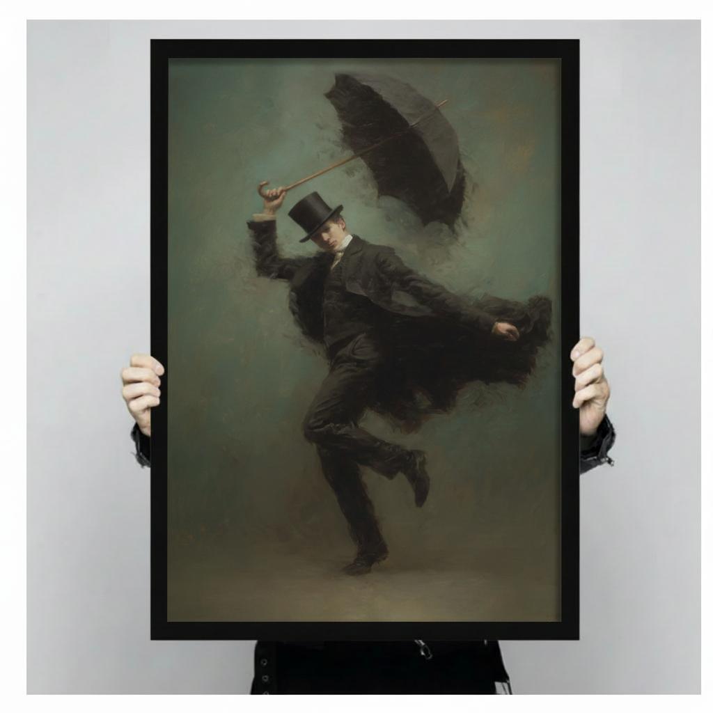 Person holding large framed canvas print of Victorian gentleman in wind showing actual print size and dark teal oil painting detail