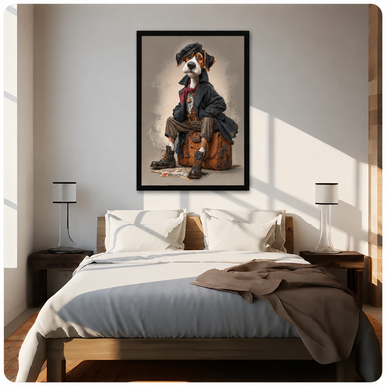  Black framed vintage adventure dog canvas art hung above a neutral-toned bed, featuring a dressed beagle with leather boots and a worn travel bag in a sunlit bedroom