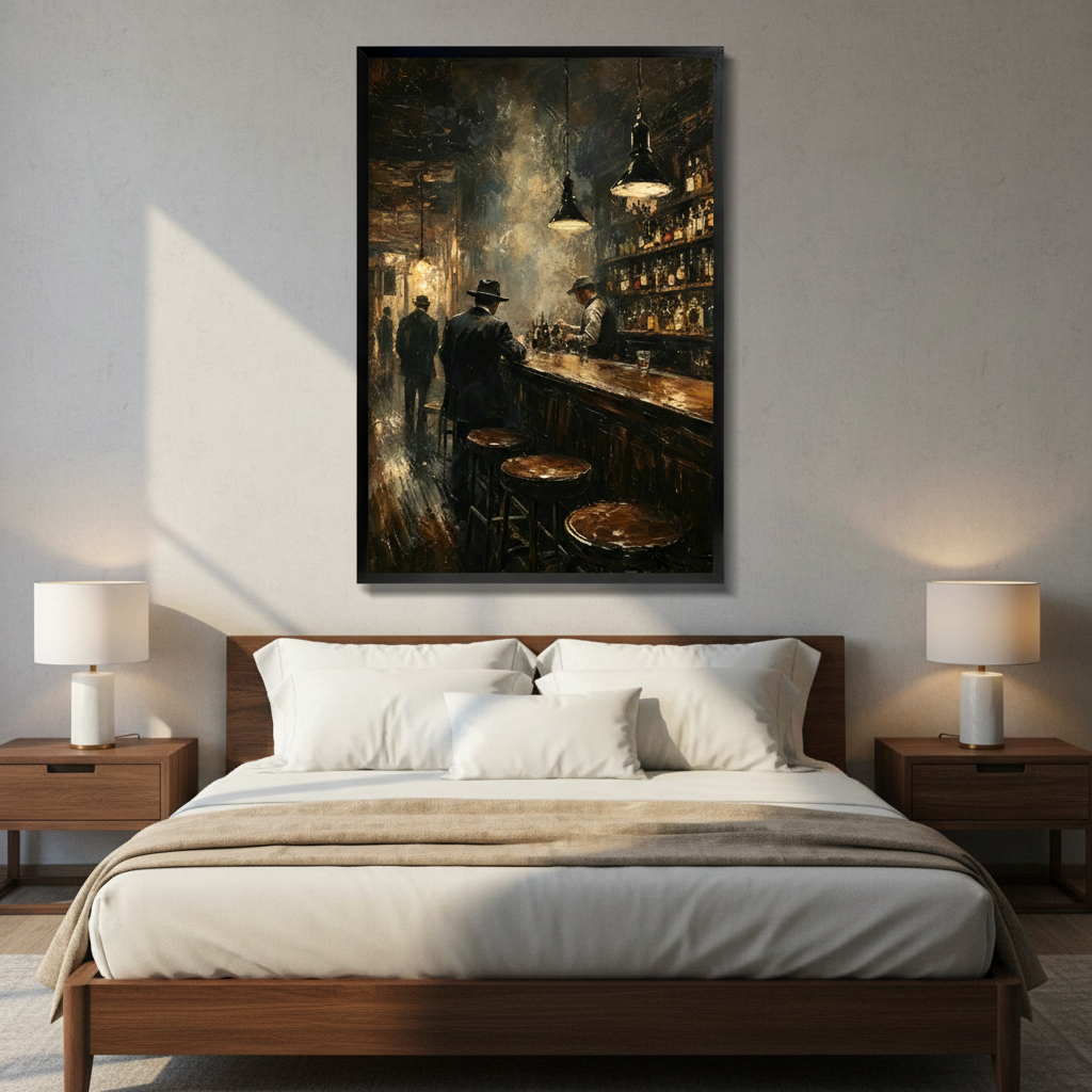 Vintage bar scene dark oil painting in black float frame canvas wall art above wooden bed with white bedding and modern white table lamps in sunlit bedroom