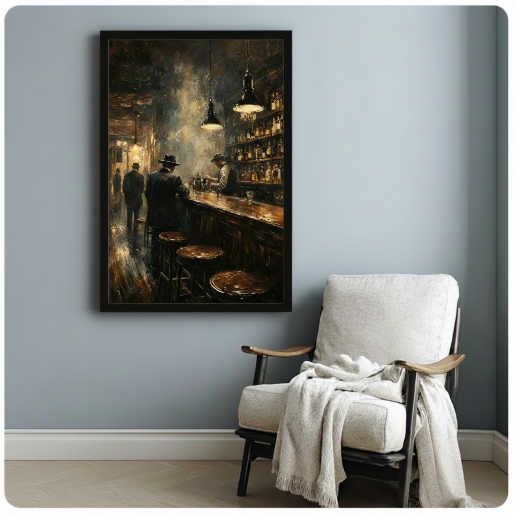 Vintage bar scene dark oil painting in black float frame canvas wall art on blue-gray wall beside white linen armchair with cream throw blanket on light wood floor