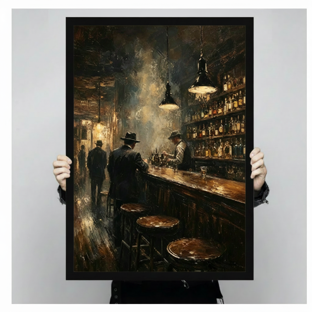 Person in dark clothing holding vintage bar scene dark oil painting in black float frame canvas wall art against plain light gray background
