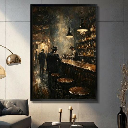 Vintage bar scene dark oil painting in black float frame canvas wall art on light gray wall above console table with candles beside gold arc floor lamp and dark sofa