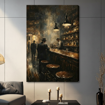 Vintage bar scene dark oil painting frameless gallery wrap stretched canvas wall art on light gray wall above dark console table with white candles and black vase showing wrap edge