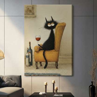 Unframed stretched canvas print of a drowsy fluffy black cat with half-closed golden eyes reclining on a mustard yellow wingback chair with a red wine glass balanced on the armrest and two wine bottles on a vintage cream textured background