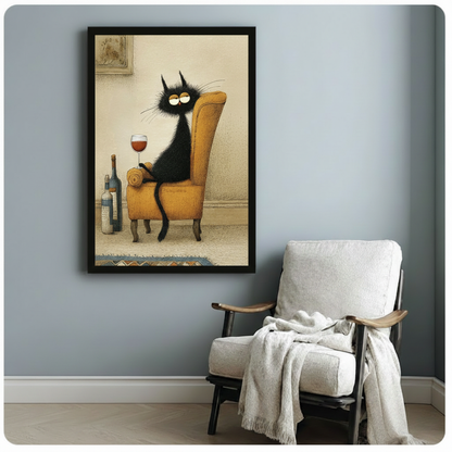 Black framed vintage funny black cat with wine canvas art print featuring a scruffy black cat lazily sitting on a golden wingback chair holding a red wine glass with wine bottles on an aged beige background on a blue-grey wall beside a wooden armchair