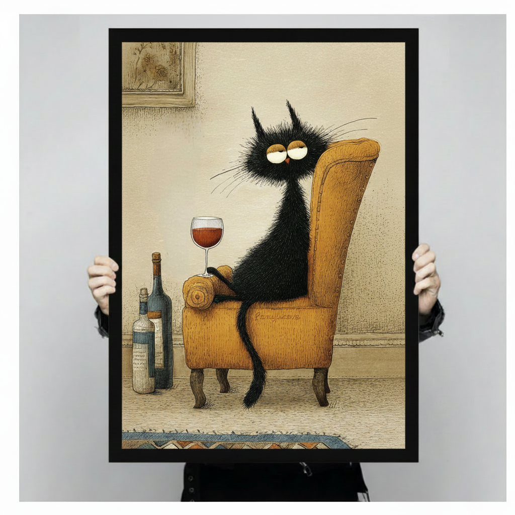 Person holding a large black framed vintage humorous black cat wine canvas art print showing print size scale with a fluffy drowsy black cat on a golden wingback armchair holding a red wine glass on a warm aged beige illustrated background