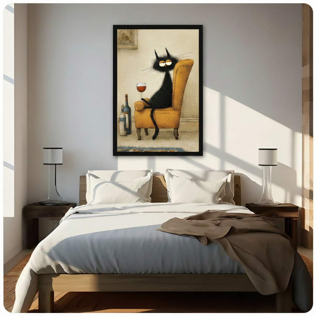 Framed vintage illustration of a scruffy black cat with sleepy golden eyes lounging on a mustard wingback armchair with a red wine glass and wine bottles on a distressed beige background canvas wall art hung above a dark walnut bed in a sunlit bedroom