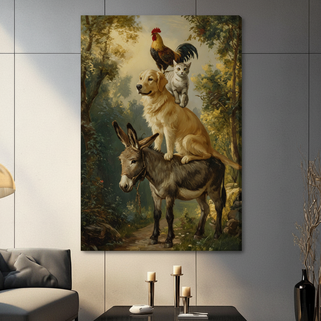 Classic oil painting Bremen musicians canvas wall art print with donkey, dog, cat, and rooster stacked in a lush green forest hanging in a contemporary living room with dark gray tiled wall