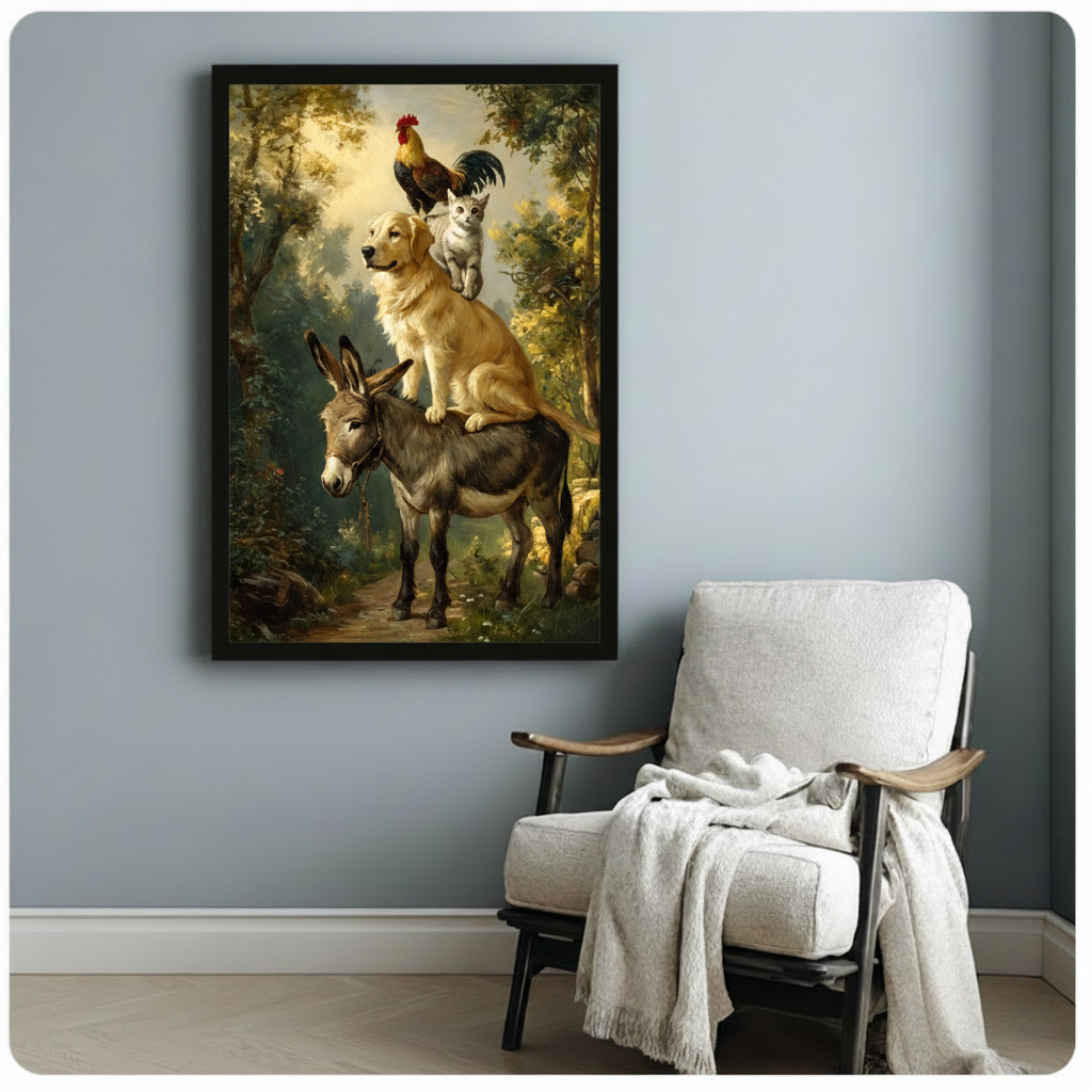 Antique style Bremen Town Musicians framed art poster with golden retriever, white cat, rooster, and donkey in woodland setting displayed beside a wooden armchair with a white draped throw blanket against a soft blue-gray wall