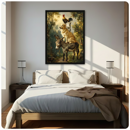 Vintage Bremen musicians animal stack oil painting framed wall art print with donkey, golden retriever, cat, and rooster hanging above a modern bedroom bed with white linen bedding, dark wood nightstands, and minimalist white table lamps