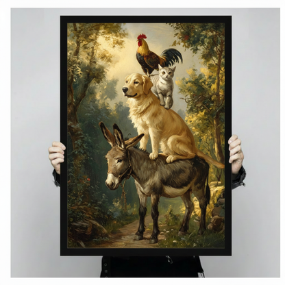 Retro oil painting style donkey, dog, cat, and rooster stacked animal tower framed wall art print held up for close-up view against a light gray neutral background