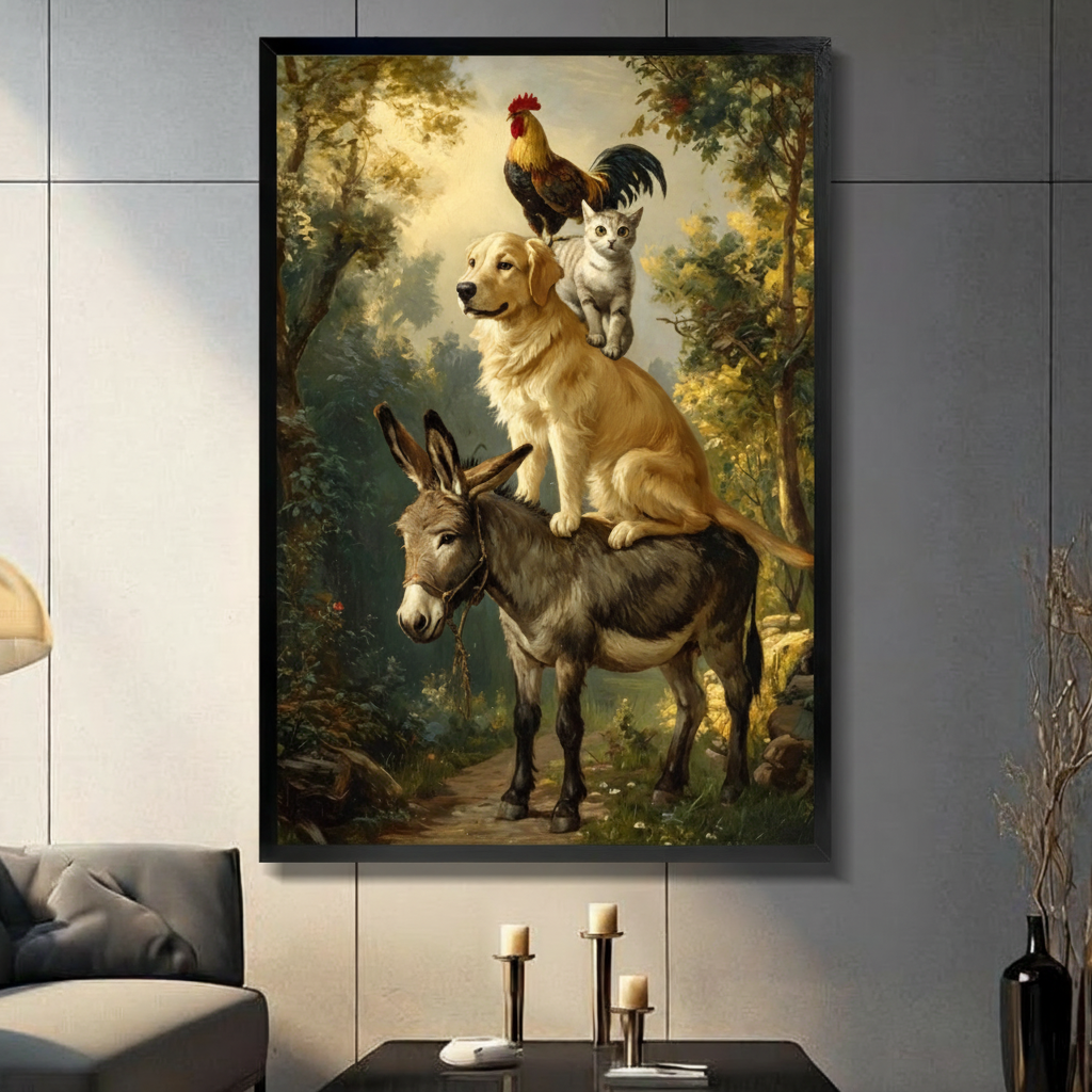Vintage oil painting style Bremen Town Musicians wall art print featuring stacked donkey, golden retriever, cat, and rooster in forest displayed in a moody living room with gray sofa, pillar candle holders, and black decorative vase