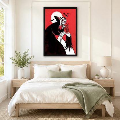 Framed vintage cartoon vampire embracing a woman under full moon with bats on red background hung above a minimalist wooden bed in a serene neutral bedroom