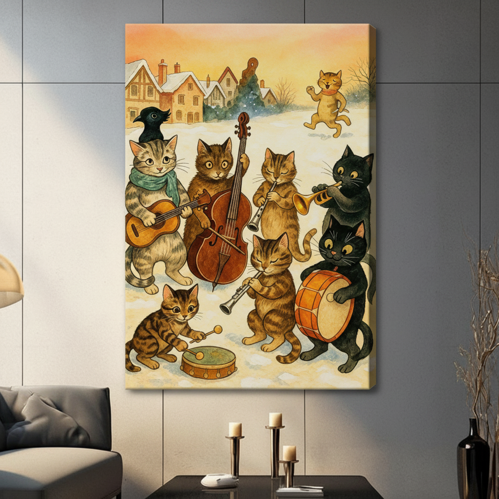Whimsical vintage illustration of a cat orchestra performing in a snowy English village at sunset with tabby black and orange cats playing guitar cello drum and trumpet funny cat music wall art stretched canvas in a living room with dark gray tiled wall sofa candle holders and black vase