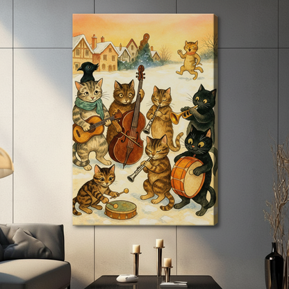 Whimsical vintage illustration of a cat orchestra performing in a snowy English village at sunset with tabby black and orange cats playing guitar cello drum and trumpet funny cat music wall art stretched canvas in a living room with dark gray tiled wall sofa candle holders and black vase