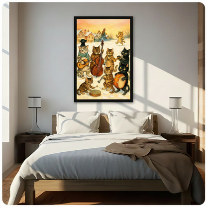 Nostalgic vintage illustration of a merry cat band playing music in a snowy winter village at golden hour tabby striped and black cats with instruments funny cat wall art framed print above a bedroom with white linen bedding dark wood bed frame and white table lamps
