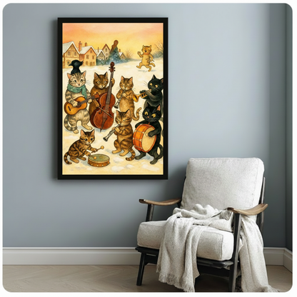 Charming retro-style cat band with tabby and black cats playing string and brass instruments in a winter snow scene vintage cat music art framed print beside a white linen armchair with a cream throw blanket on a blue gray wall