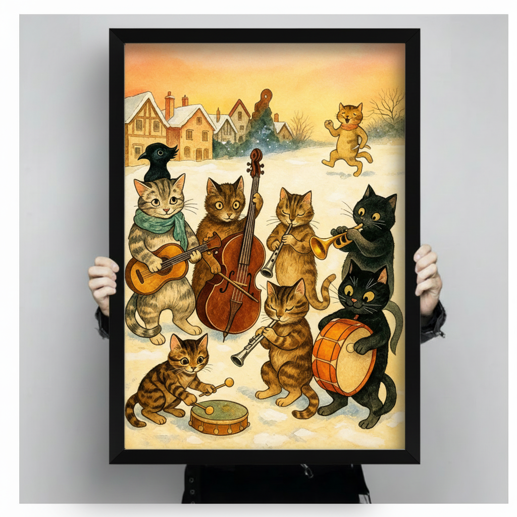 Louis Wain inspired illustration of eight cats performing as a band in a snowy village with guitar cello clarinet trumpet and drum on a warm golden background vintage cat wall art framed print held against a light gray background