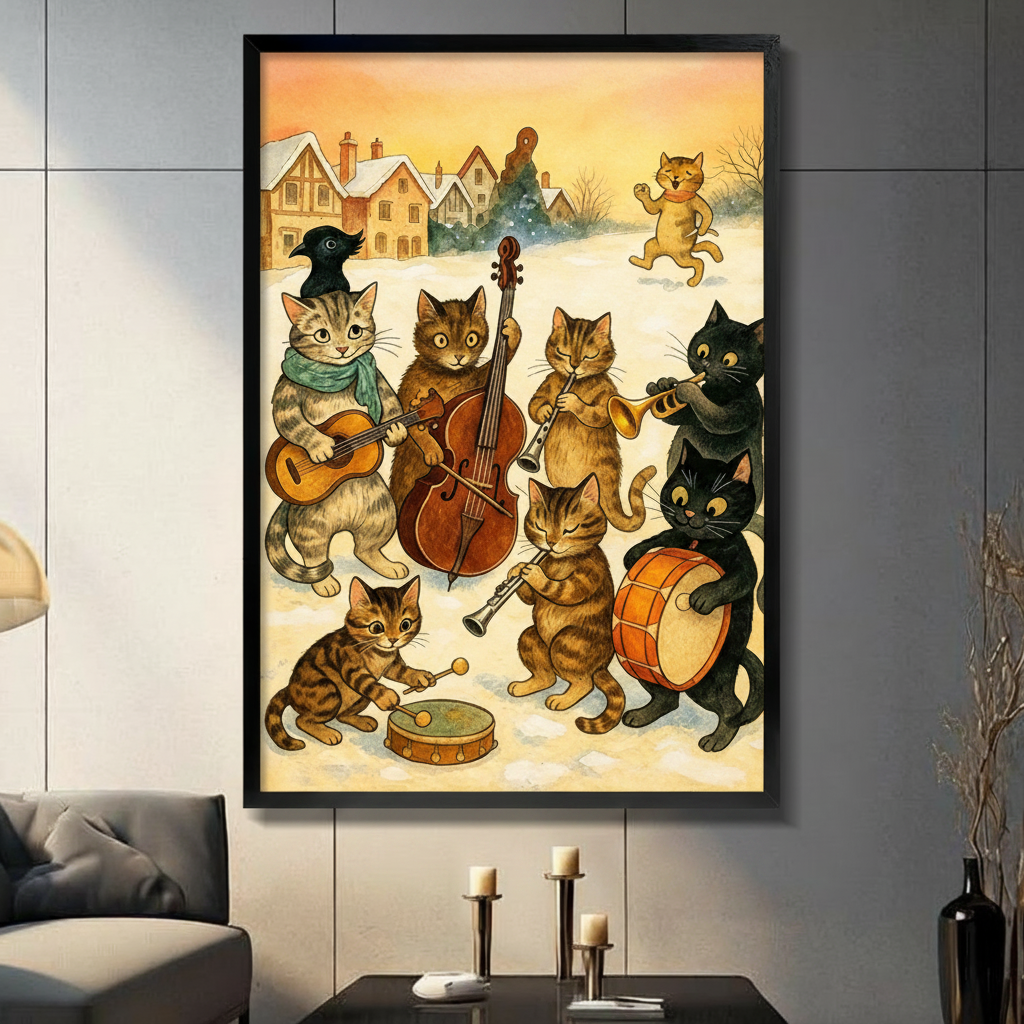Eight cats playing instruments in a snowy village including guitar cello clarinet trumpet and drum vintage illustration cat band wall art framed print in a living room with dark gray tiled wall sofa candle holders and black vase