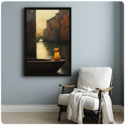Framed vintage oil painting style canvas of a small orange cat on a wooden boat gazing into a misty canal with a stone bridge, hung beside a cozy white linen armchair in a Scandinavian reading nook