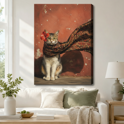 Gallery wrap canvas of a vintage-style cat wearing a paisley scarf with red hibiscus flower hung above a white sofa in a modern living room