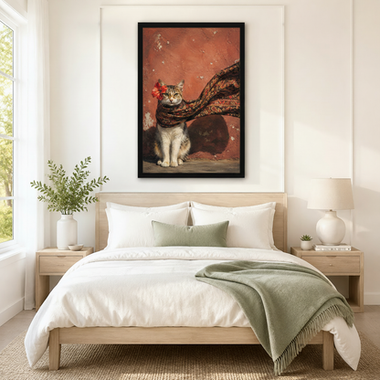 Black framed vintage cat portrait with red flower and dark paisley scarf displayed as bedroom wall art above a neutral linen bed