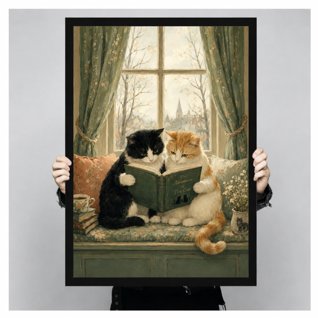 Close-up of a vintage-style art poster showing two cats absorbed in a book titled The Adventures of Two Cats, held up against a neutral background