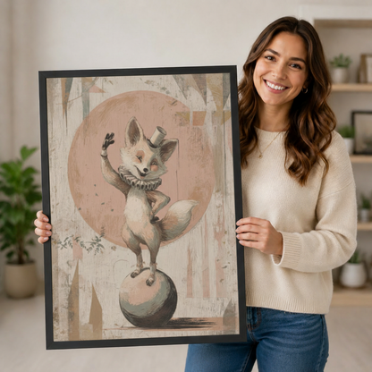 Smiling woman holding a large black framed whimsical vintage circus fox acrobat wall art print with top hat and ruffled collar on warm beige forest background, showing scale for home decor gifting against a neutral indoor backdrop with potted plants and open shelving