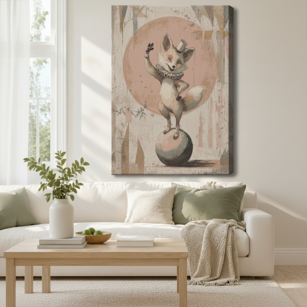 Stretched canvas wall art of a whimsical vintage circus fox in a top hat and ruffled collar balancing on a ball in a warm beige forest, displayed above a white sofa with sage green and cream cushions, a linen throw blanket, potted greenery, and a light wood coffee table