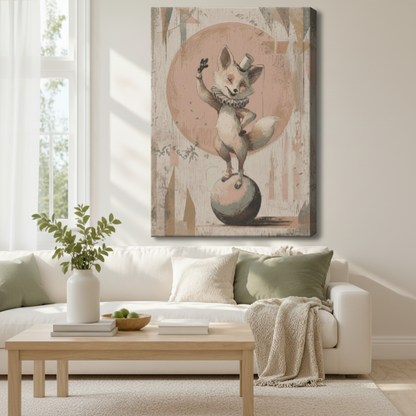 Stretched canvas wall art of a whimsical vintage circus fox in a top hat and ruffled collar balancing on a ball in a warm beige forest, displayed above a white sofa with sage green and cream cushions, a linen throw blanket, potted greenery, and a light wood coffee table