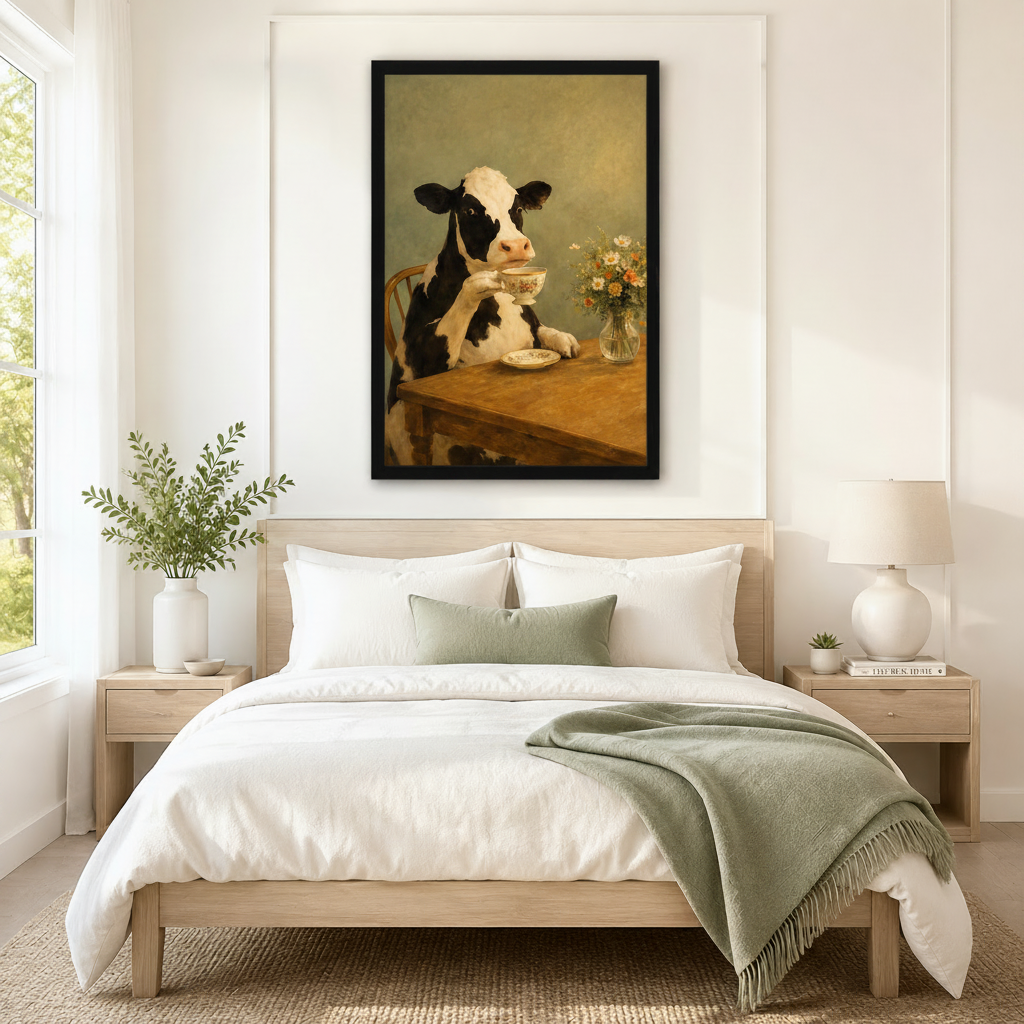 Oversized vintage-style framed canvas of a black and white cow sipping tea from a floral cup, mounted as a statement wall piece above a neutral linen bed in a minimalist farmhouse bedroom