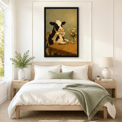 Oversized vintage-style framed canvas of a black and white cow sipping tea from a floral cup, mounted as a statement wall piece above a neutral linen bed in a minimalist farmhouse bedroom