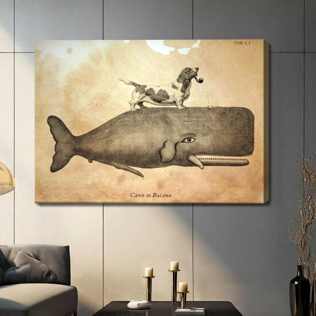 Antique natural history style dog on whale stretched canvas print on wall in contemporary living room with gray sofa and candle decor