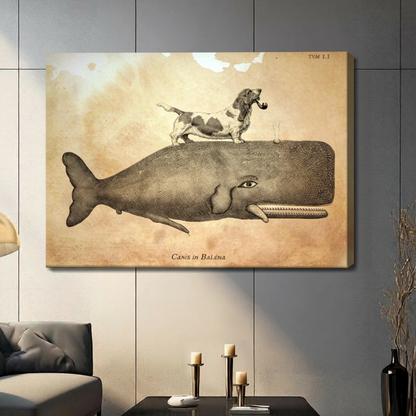 Antique natural history style dog on whale stretched canvas print on wall in contemporary living room with gray sofa and candle decor